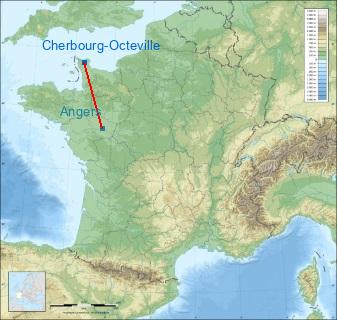 Distance entre de Cherbourg-Octeville et Angers sur la carte de France