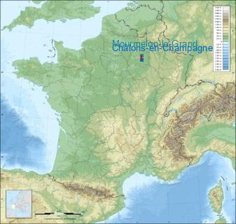 Distance entre de Châlons-en-Champagne et Mourmelon-le-Grand sur la carte de France