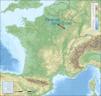 Distance entre de Épernay et Saint-Dizier sur la carte de France