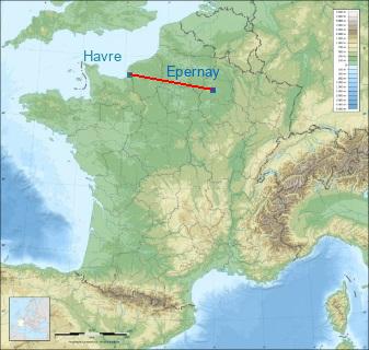 Distance entre de Épernay et Le Havre sur la carte de France