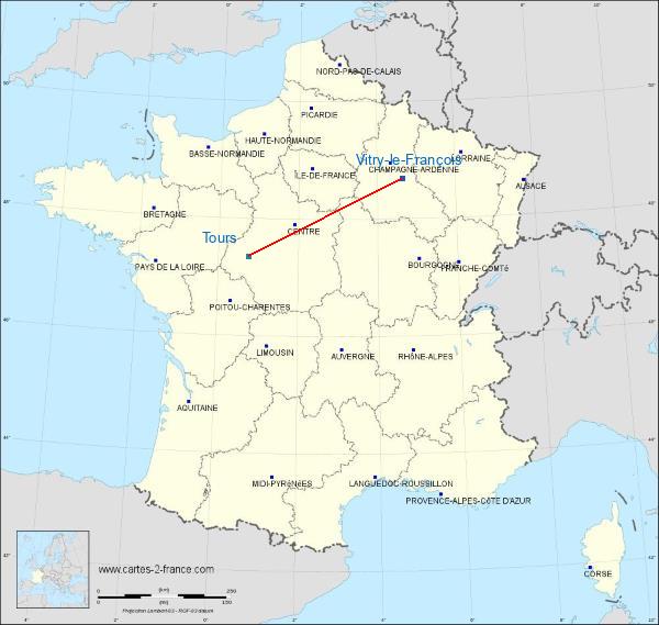 Distance Vitry-le-François Tours sur la carte de France