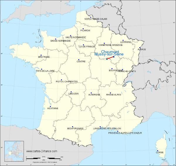 Distance Chaumont Mussy-sur-Seine sur la carte de France