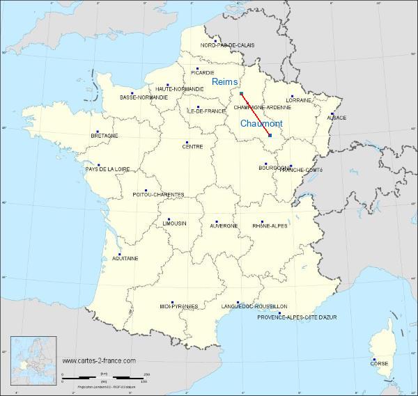 Distance Chaumont Reims sur la carte de France