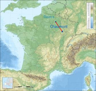 Distance entre de Chaumont et Reims sur la carte de France