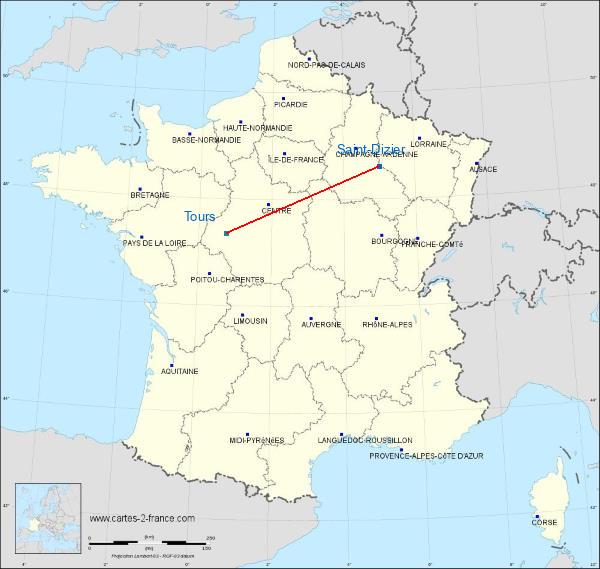 Distance Saint-Dizier Tours sur la carte de France