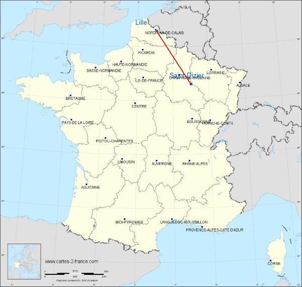 Distance Saint-Dizier Lille sur la carte de France