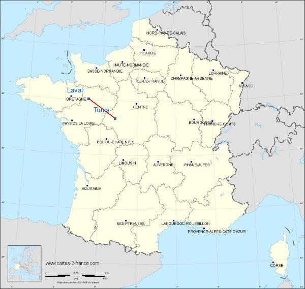 Distance Laval-Entrammes Tours sur la carte de France