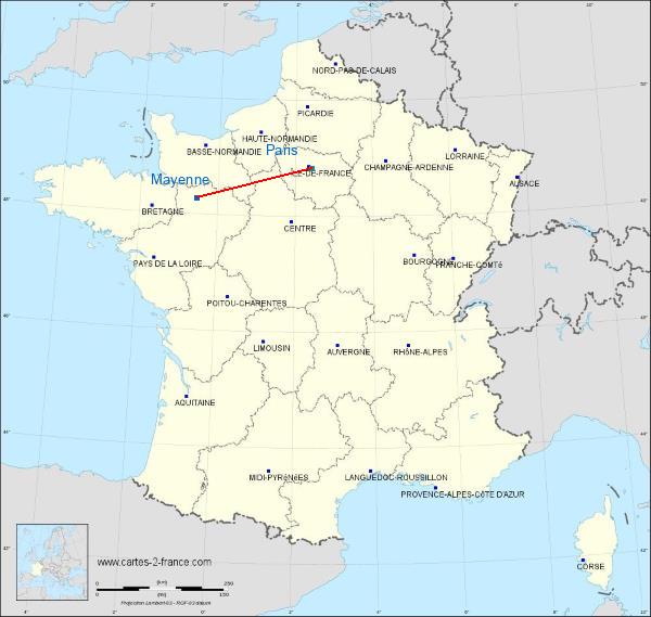 Distance Mayenne Paris sur la carte de France
