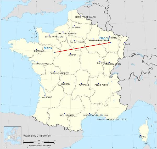 Distance Nancy Le Mans sur la carte de France