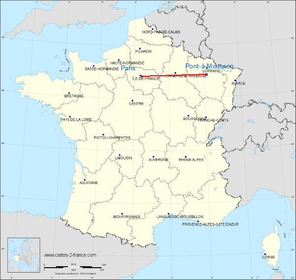 Distance Pont-à-Mousson Paris sur la carte de France