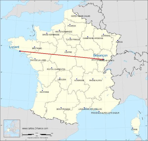 Distance Lorient Besançon sur la carte de France