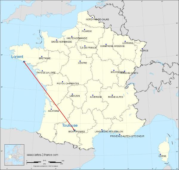 Distance Lorient Toulouse sur la carte de France