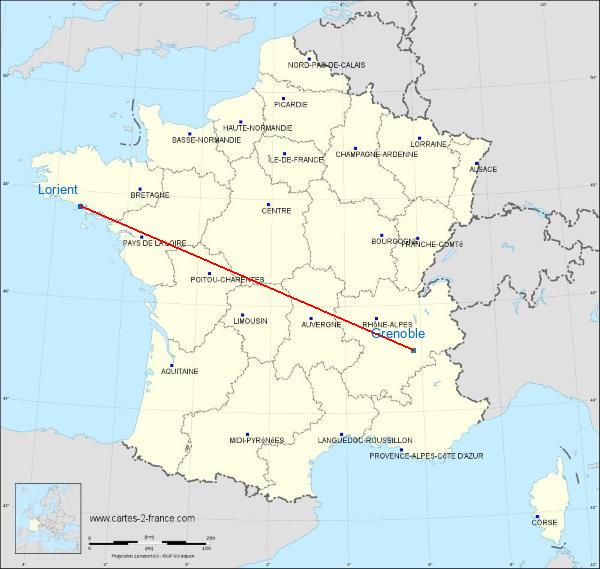 Distance Lorient Grenoble sur la carte de France