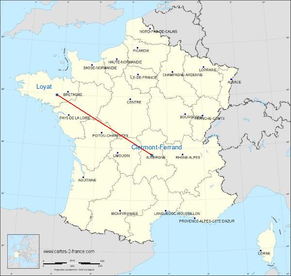 Distance Ploërmel-Loyat Clermont-Ferrand sur la carte de France