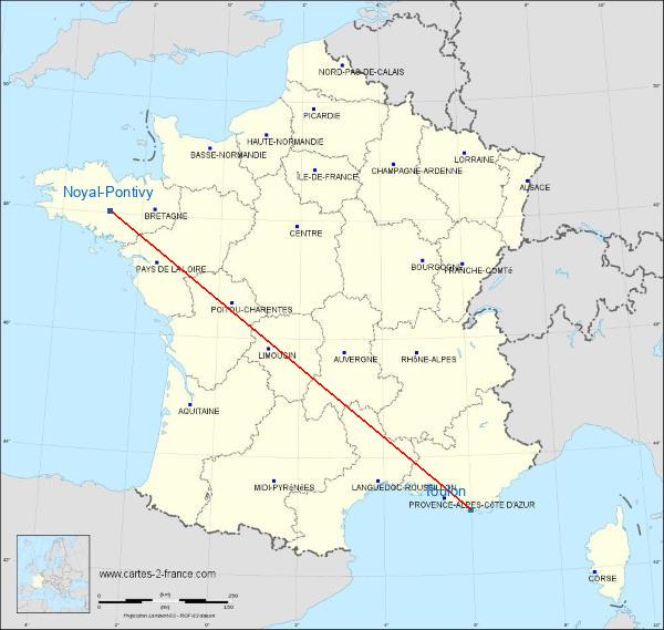 Distance Pontivy Toulon sur la carte de France