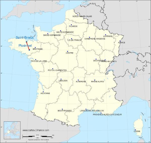 Distance Ploërmel Saint-Brieuc sur la carte de France