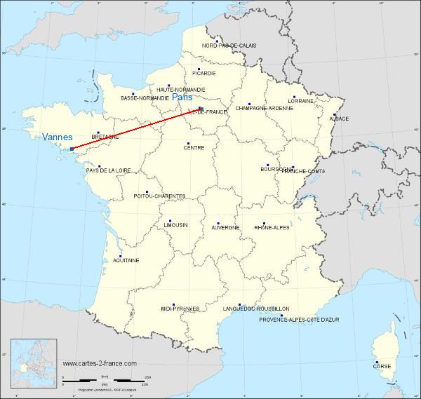 Distance Vannes Paris sur la carte de France