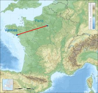 Distance entre de Vannes et Paris sur la carte de France
