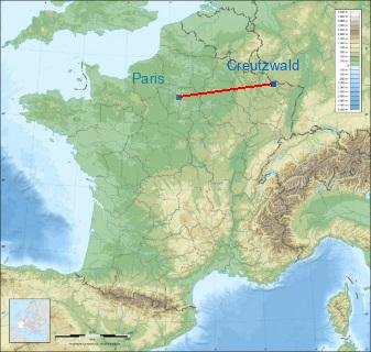 Distance entre de Creutzwald et Paris sur la carte de France
