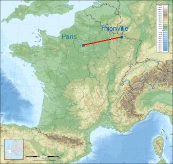 Distance entre de Thionville et Paris sur la carte de France