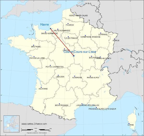 Distance Cosne-Cours-sur-Loire Le Havre sur la carte de France