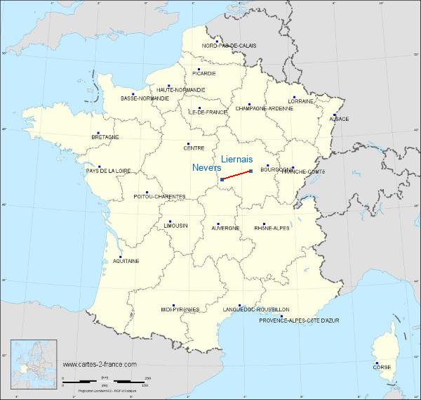 Distance Nevers Saulieu-Liernais sur la carte de France