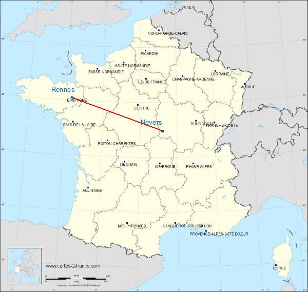 Distance Nevers Rennes sur la carte de France