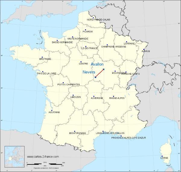 Distance Nevers Avallon sur la carte de France