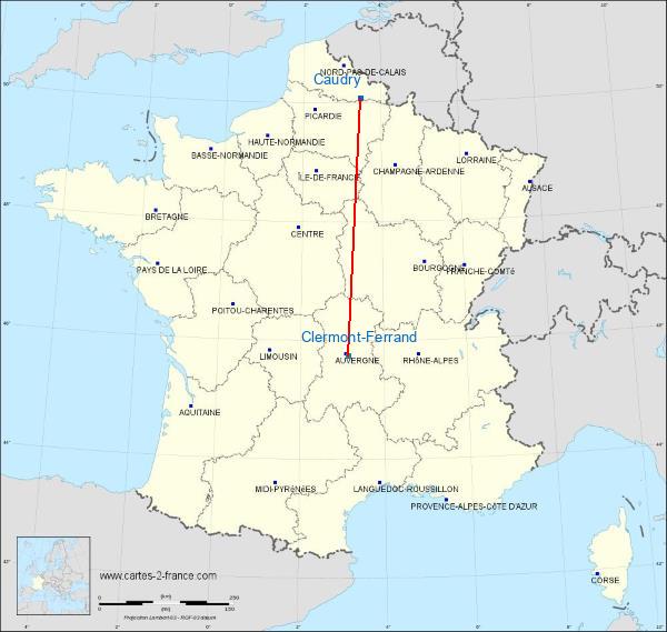 Distance Caudry Clermont-Ferrand sur la carte de France