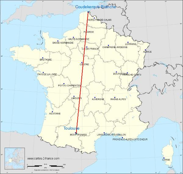 Distance Coudekerque-Branche Toulouse sur la carte de France