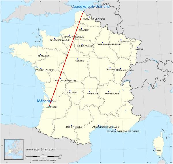 Distance Coudekerque-Branche Mérignac sur la carte de France