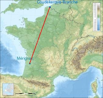 Distance entre de Coudekerque-Branche et Mérignac sur la carte de France