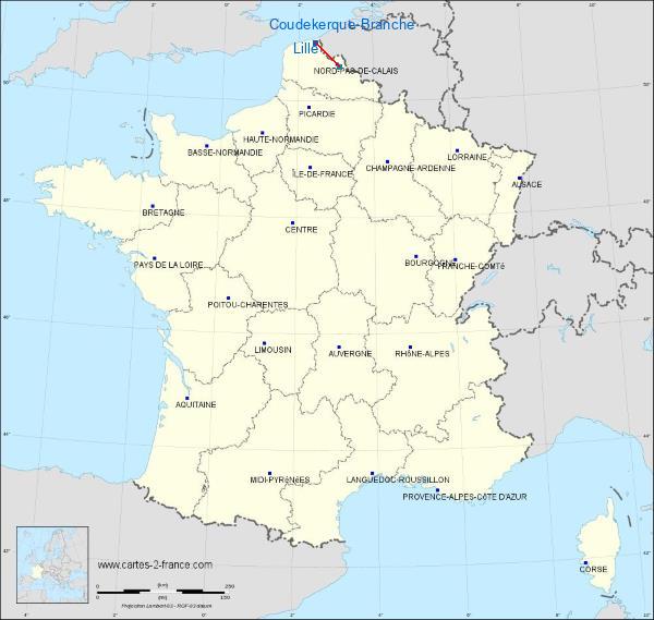 Distance Coudekerque-Branche Lille sur la carte de France