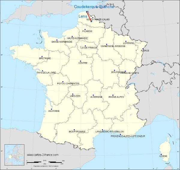 Distance Coudekerque-Branche Lens sur la carte de France