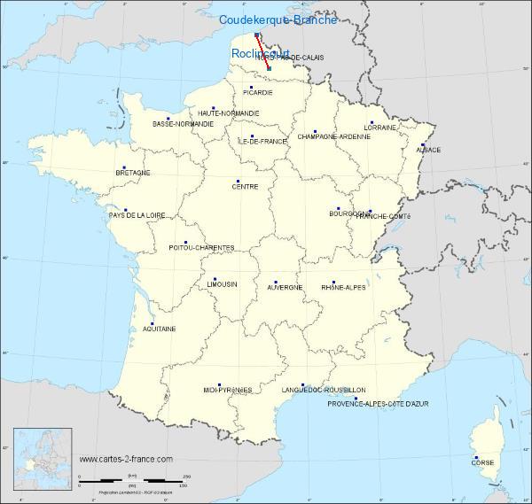 Distance Coudekerque-Branche Arras-Roclincourt sur la carte de France