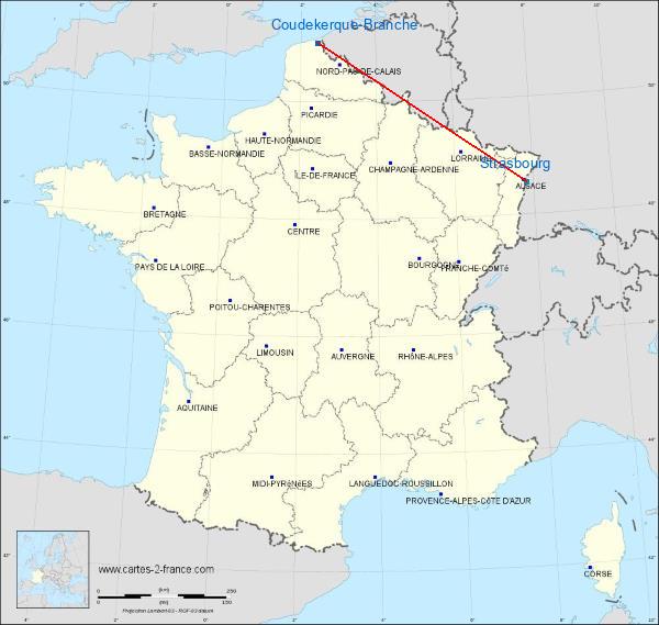 Distance Coudekerque-Branche Strasbourg sur la carte de France