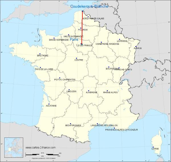 Distance Coudekerque-Branche Paris sur la carte de France