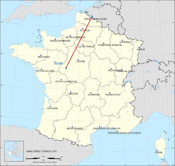 Distance Croix Tours sur la carte de France