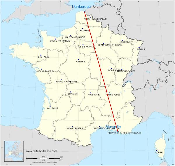 Distance Dunkerque Marseille 15 sur la carte de France