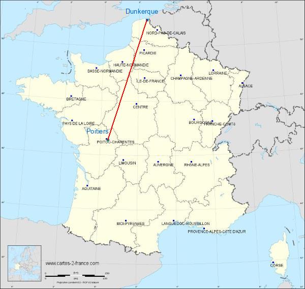 Distance Dunkerque Poitiers sur la carte de France