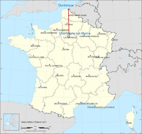 Distance Dunkerque Champigny-sur-Marne sur la carte de France
