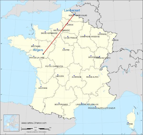 Distance Lambersart Angers sur la carte de France