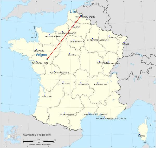 Distance Lille Angers sur la carte de France