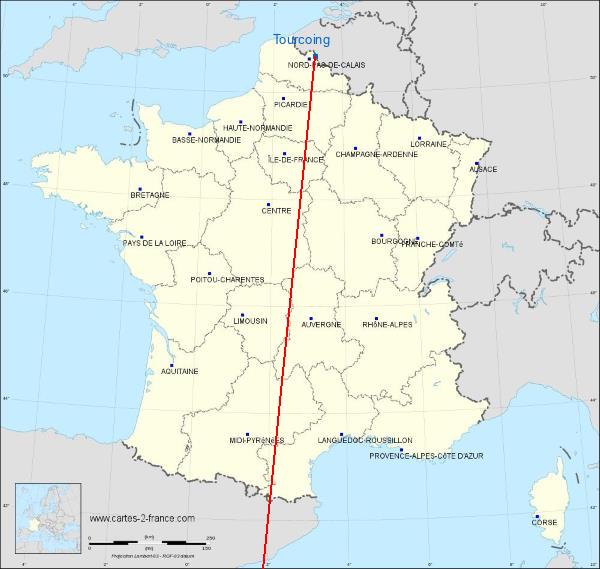 Distance Tourcoing Antibes sur la carte de France