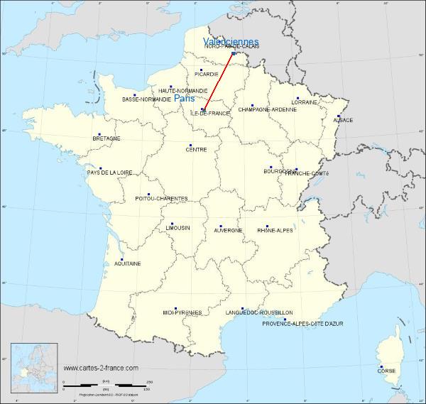 Distance Valenciennes Paris sur la carte de France