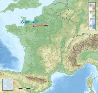 Distance entre de Argentan et Paris sur la carte de France