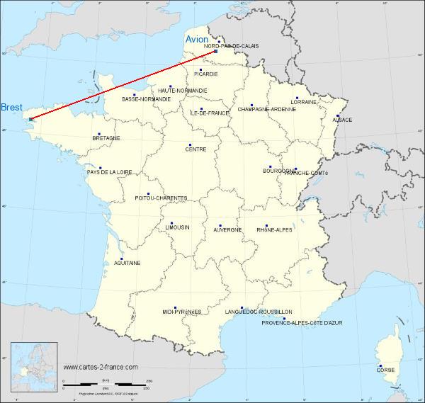 Distance Avion Brest sur la carte de France