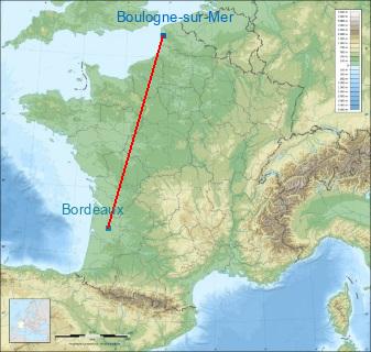 Distance entre de Boulogne-sur-Mer et Bordeaux sur la carte de France