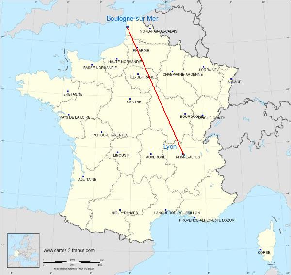 Distance Boulogne-sur-Mer Lyon sur la carte de France