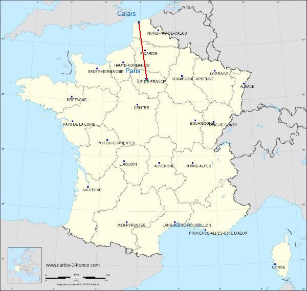 Distance Calais Paris sur la carte de France